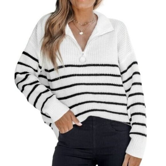 Cupshe Oversized Striped Knit Sweater White Black Drop Sleeve Half-Zip Light L - Picture 1 of 10